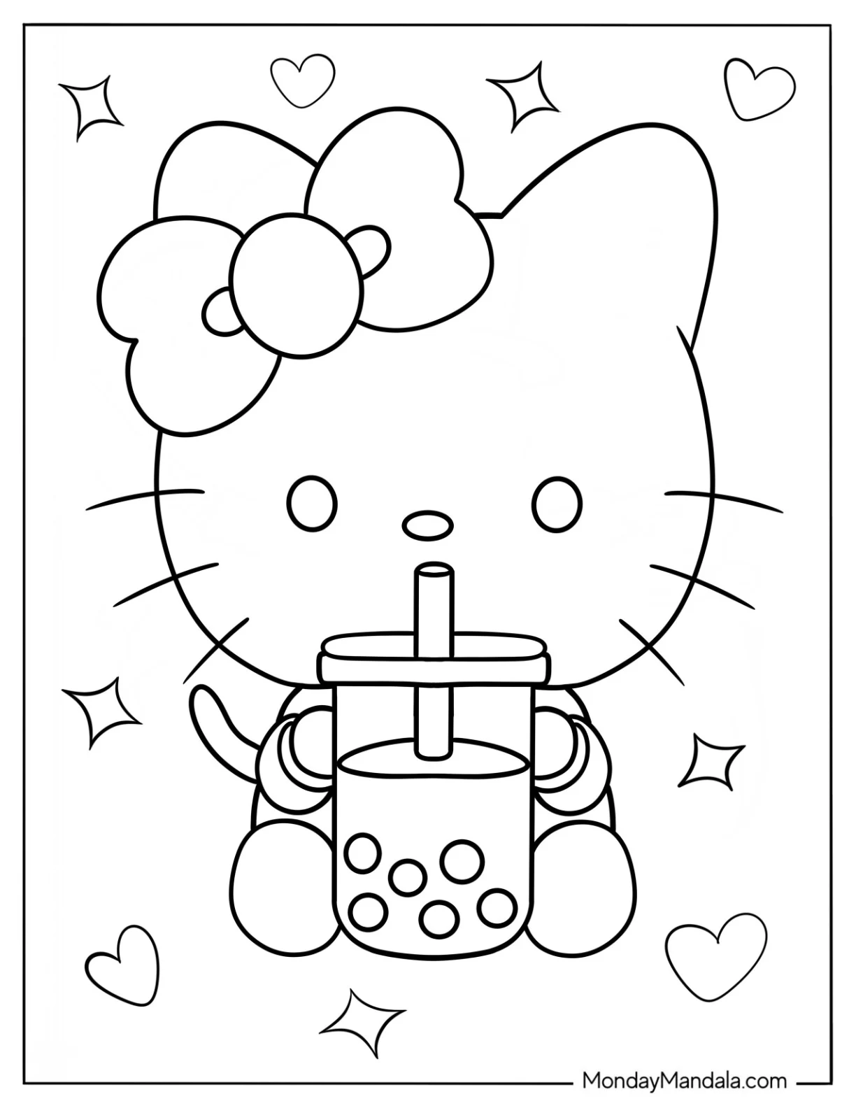 Kawaii Hello Kitty With Sparkles Drinking Boba Tea Coloring Page For Preschoolers coloring page