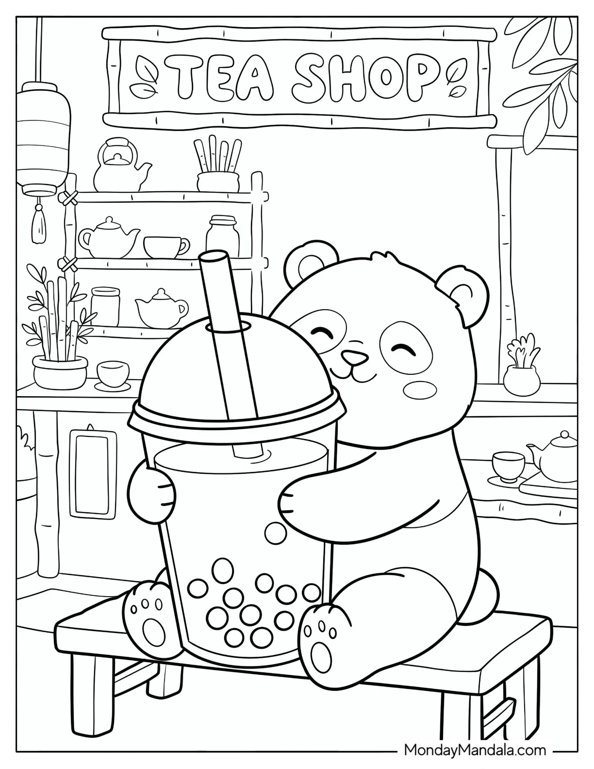 Panda Hugging a Giant Boba Tea Coloring Sheet for Kids coloring page