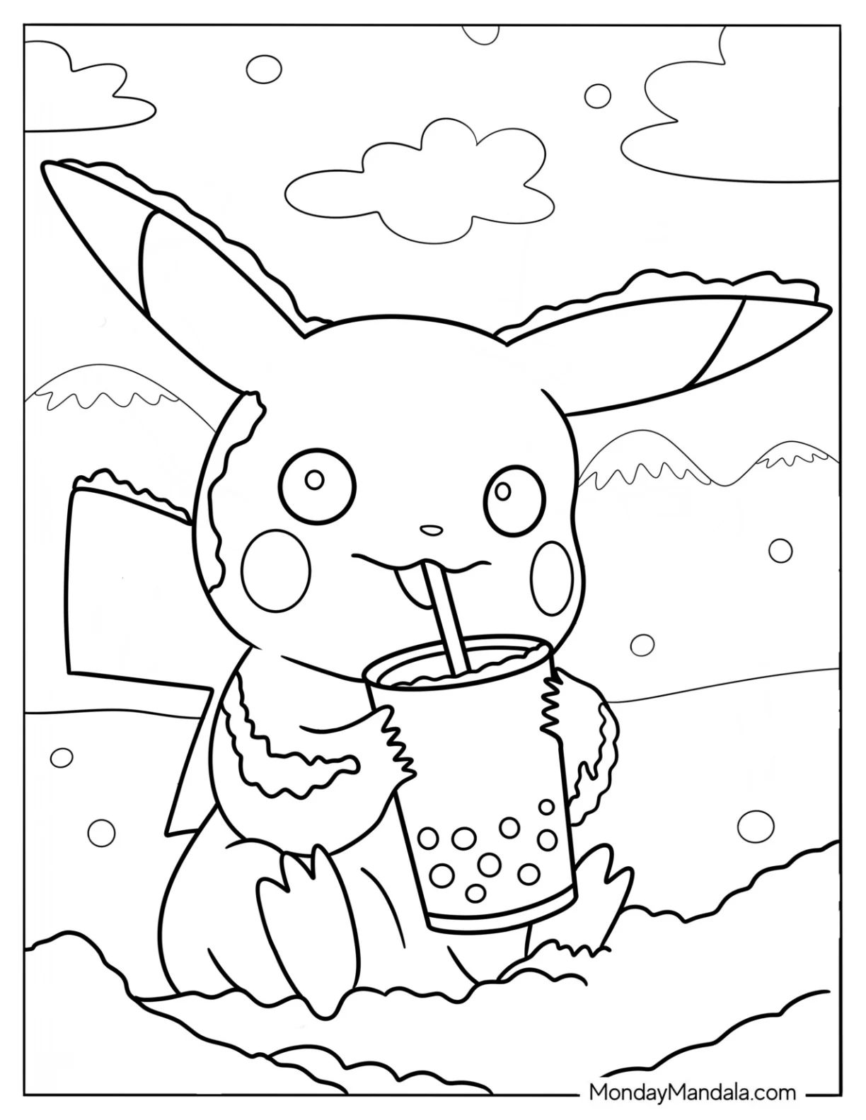 Pikachu Covered In Snow Drinking Boba Tea Coloring Page For Kids coloring page