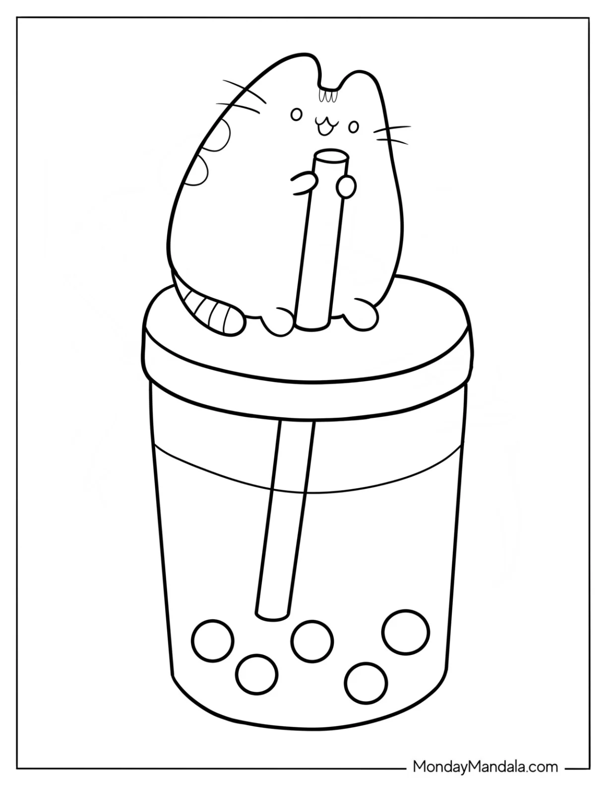 Pusheen Drinking Boba Tea Coloring Page In Covered Cup coloring page