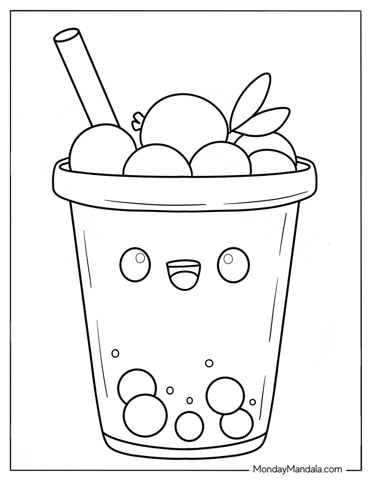 Simple Boba Tea Coloring Page Of Fruits On Top For Preschoolers coloring page