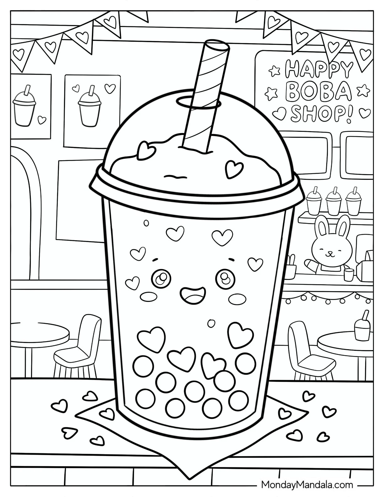 Simple Boba Tea with Hearts in a Shop Coloring Sheet coloring page