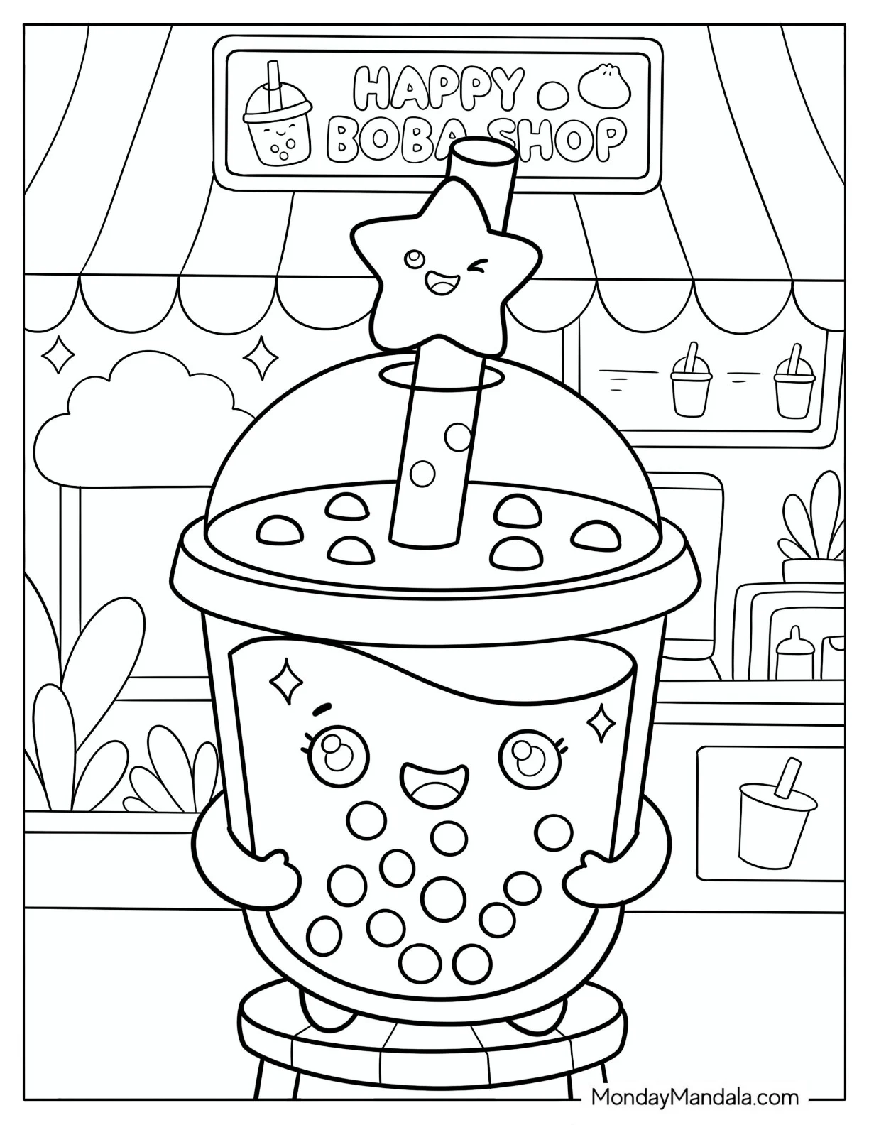 Small Boba Tea Cup with Star Straw Coloring Page coloring page