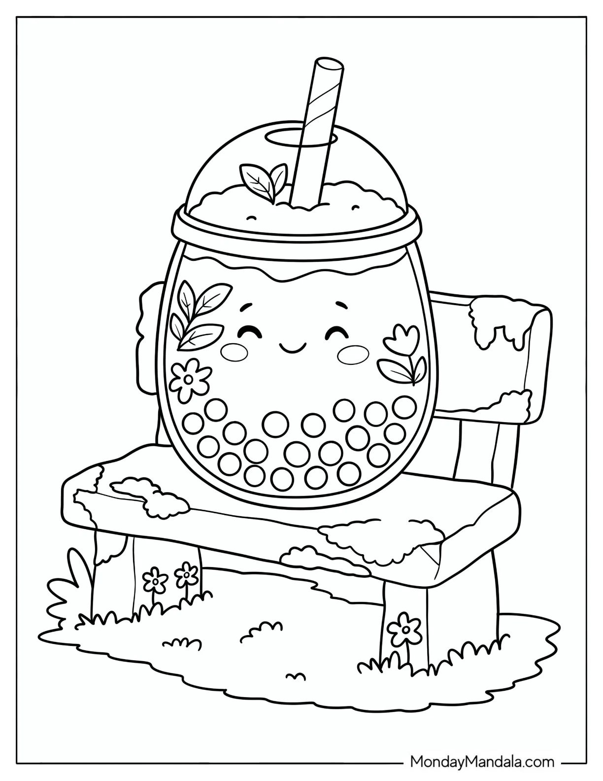 Smiling Boba Tea on a Mossy Bench Coloring Page for Kids coloring page