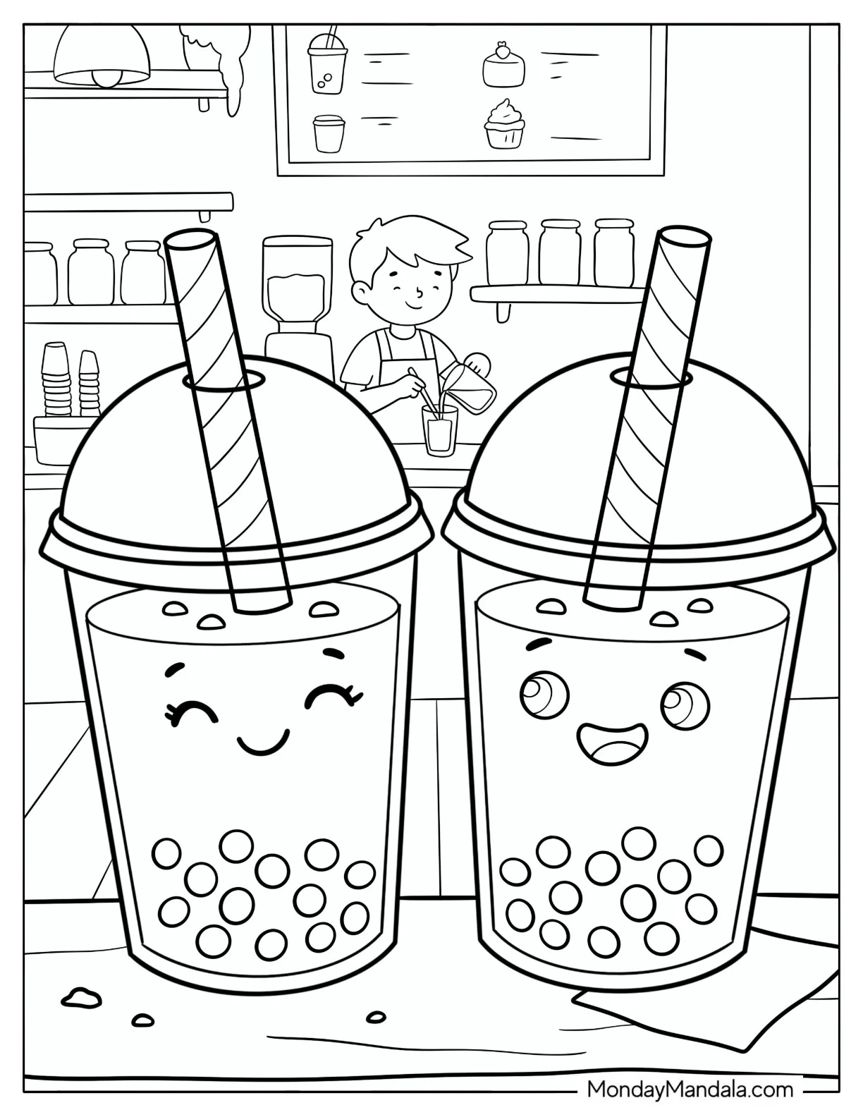 Two Boba Drinks in a Cafe Coloring Sheet coloring page