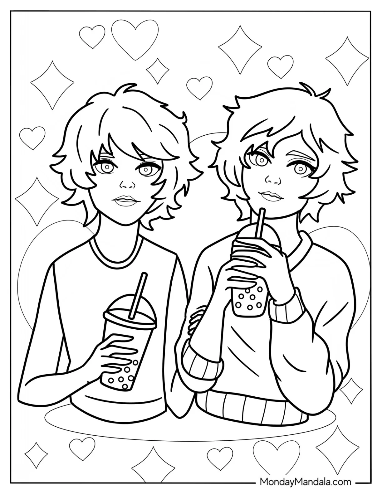 Two Boys With Long Hair Drinking Boba Tea Coloring Page coloring page