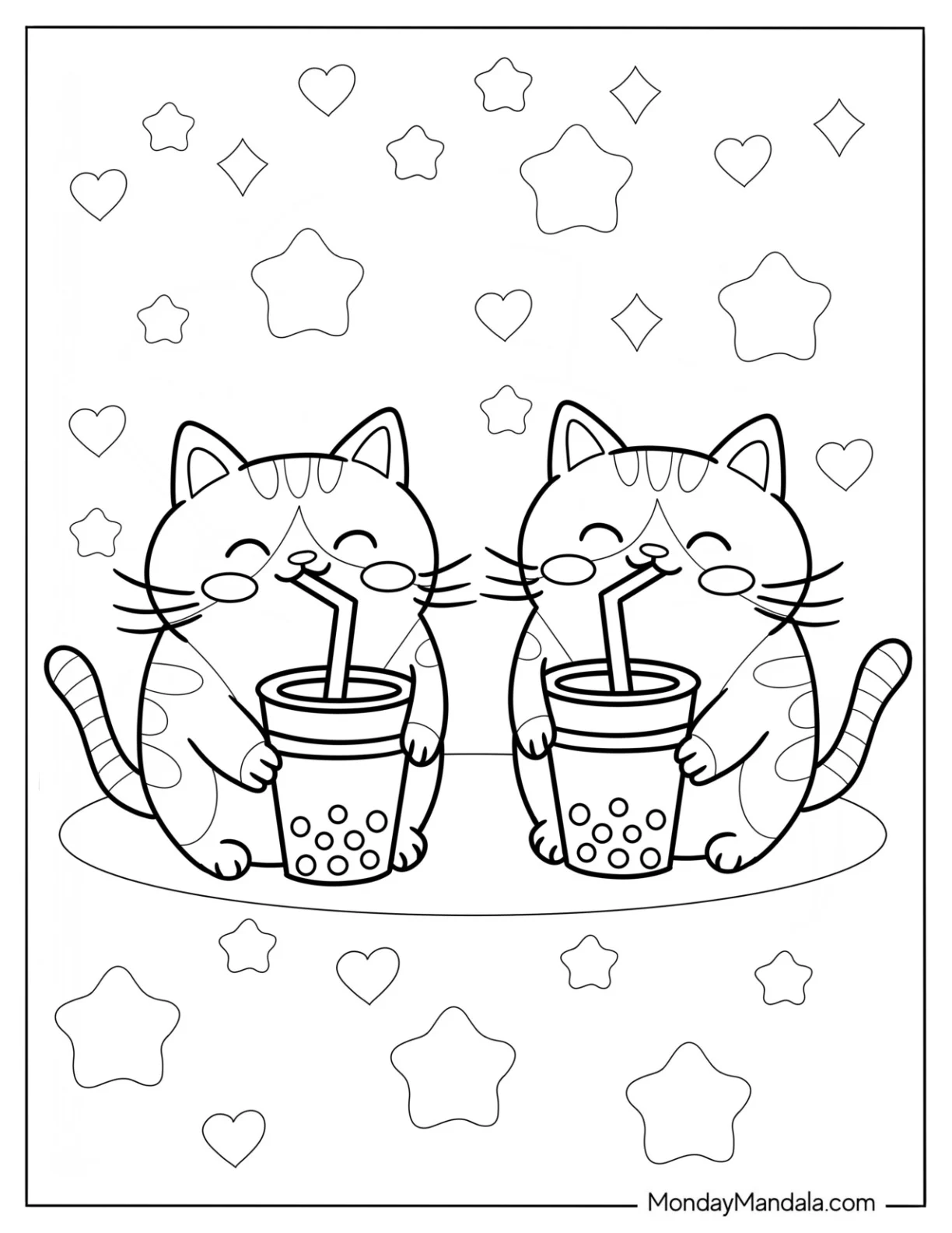 Two Tabby Cats Drinking Boba Tea Coloring Page coloring page