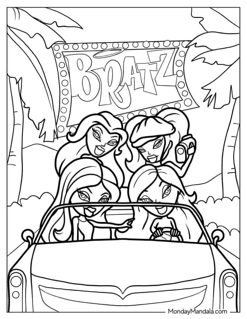 Bratz Dolls Riding Car Coloring Sheet coloring page