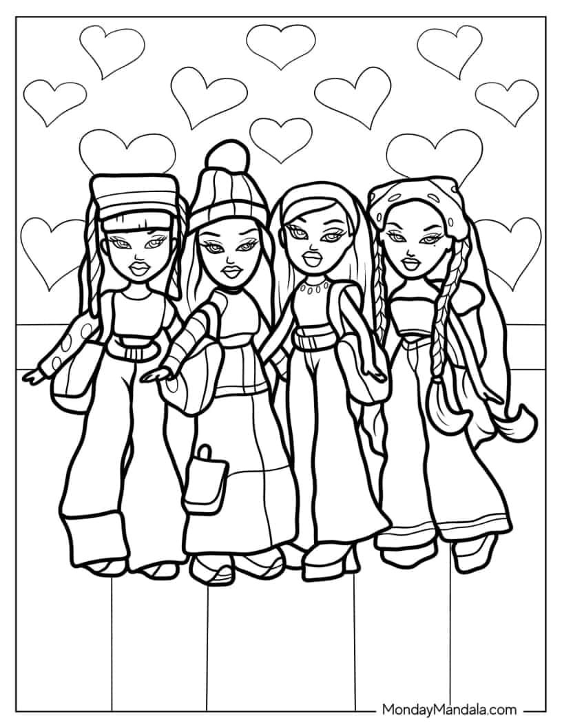 Bratz Jade, Sasha, Cloe, and Yasmin Coloring In coloring page — printable line art