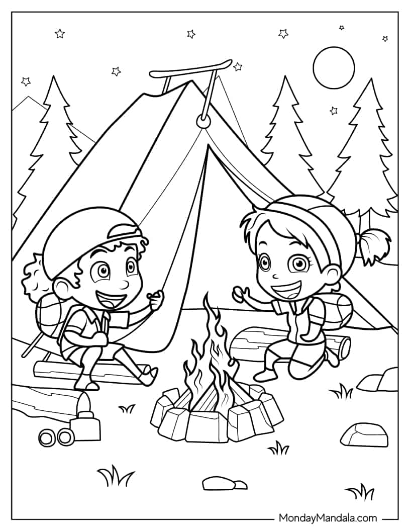 Boy And Girl Campers Singing Campfire Songs coloring page — printable line art