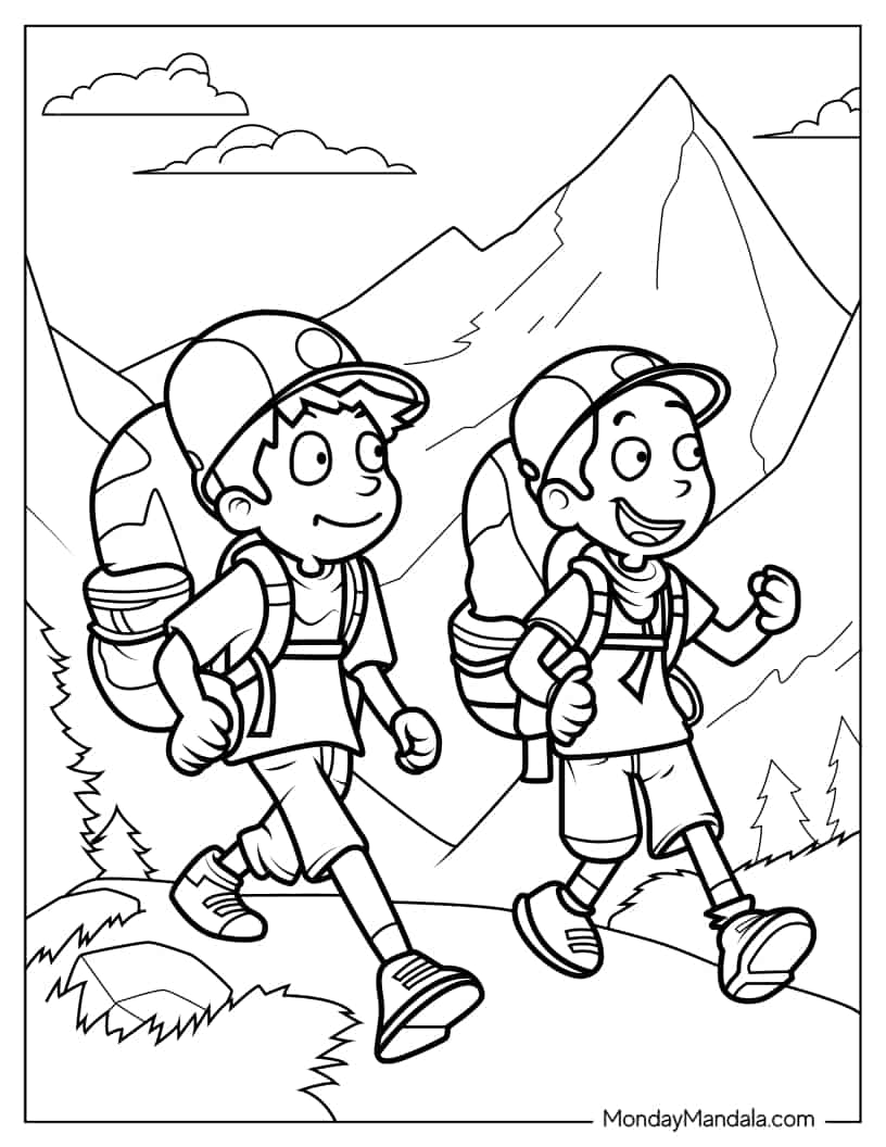 Boy Campers Walking In Forest Trail coloring page