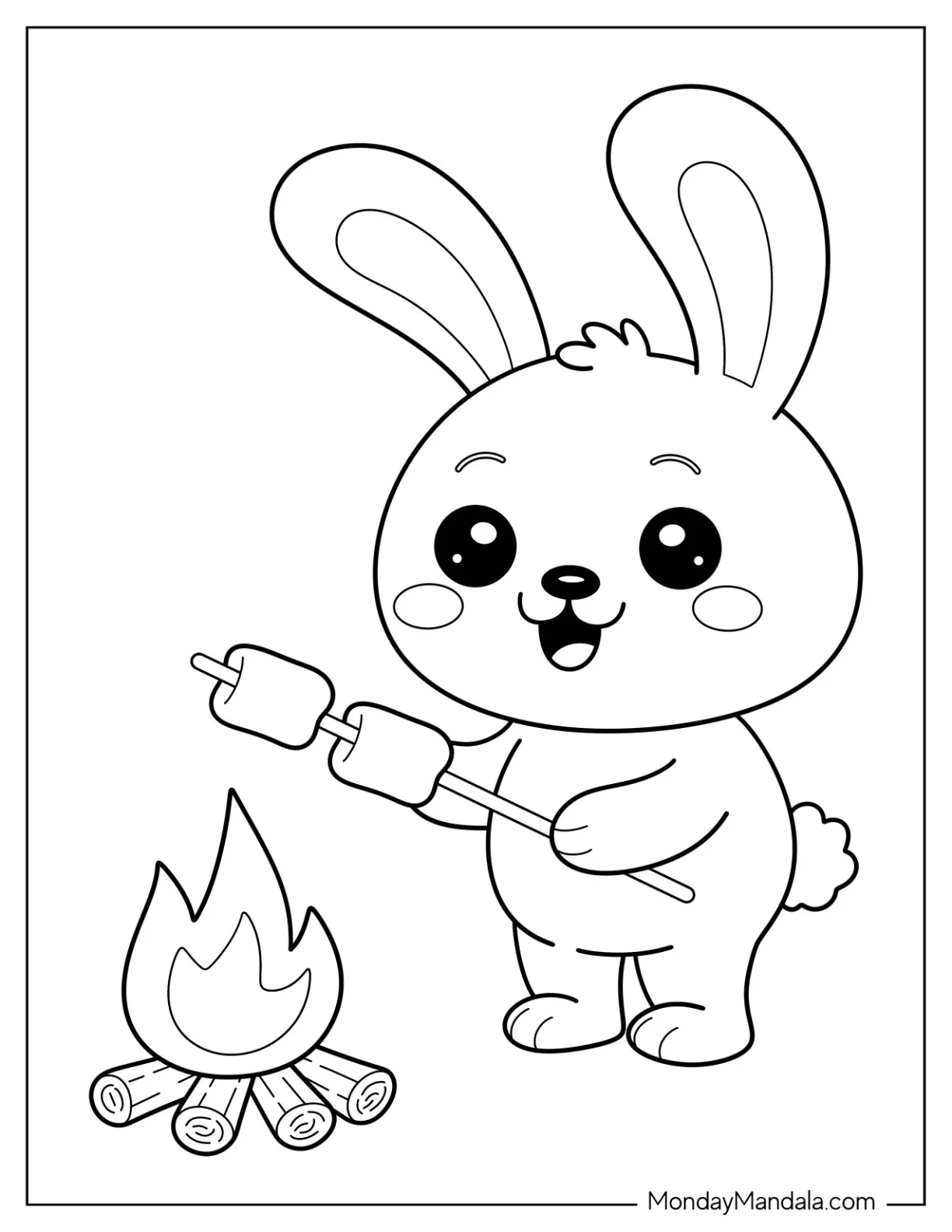 Camping & Hiking Coloring Page of Bunny Roasting Marshmallows by the Campfire for Preschoolers coloring page