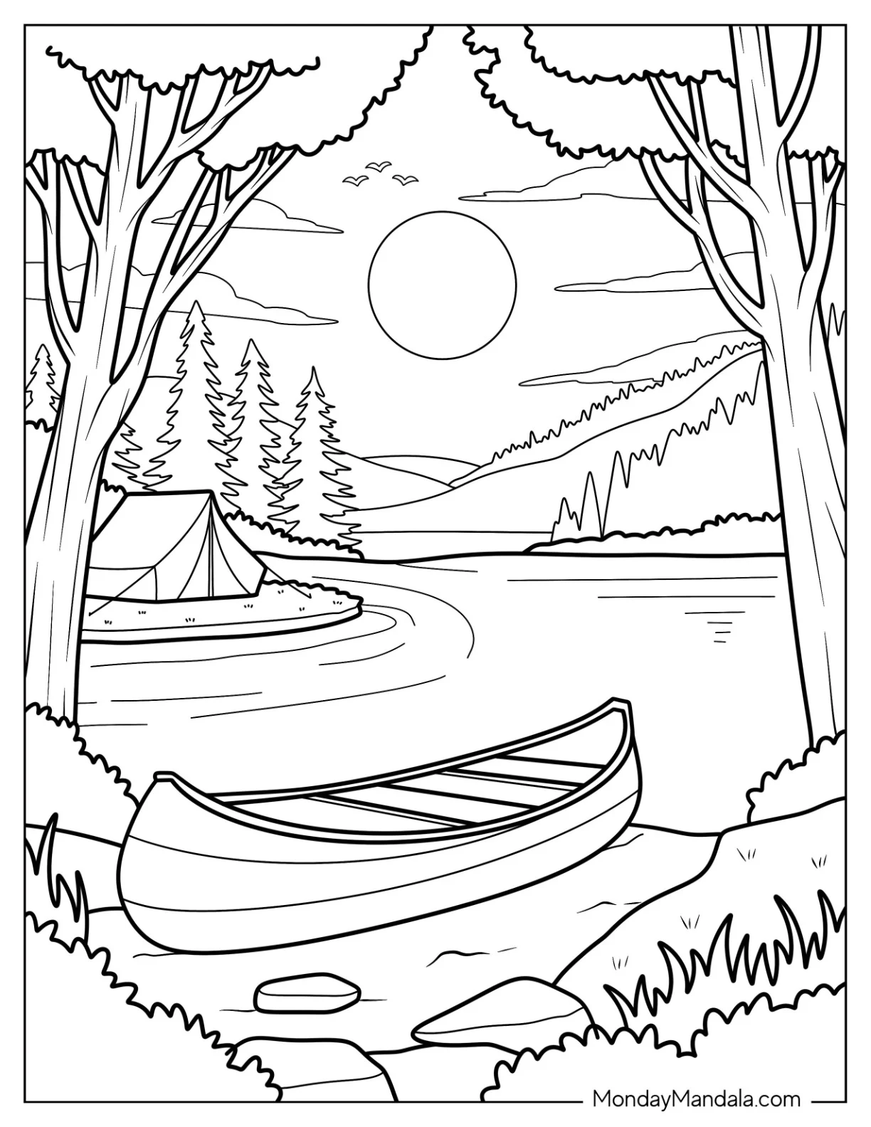 Camping & Hiking Coloring Page of Canoe by the Lake with Forest Tent and Mountain View coloring page