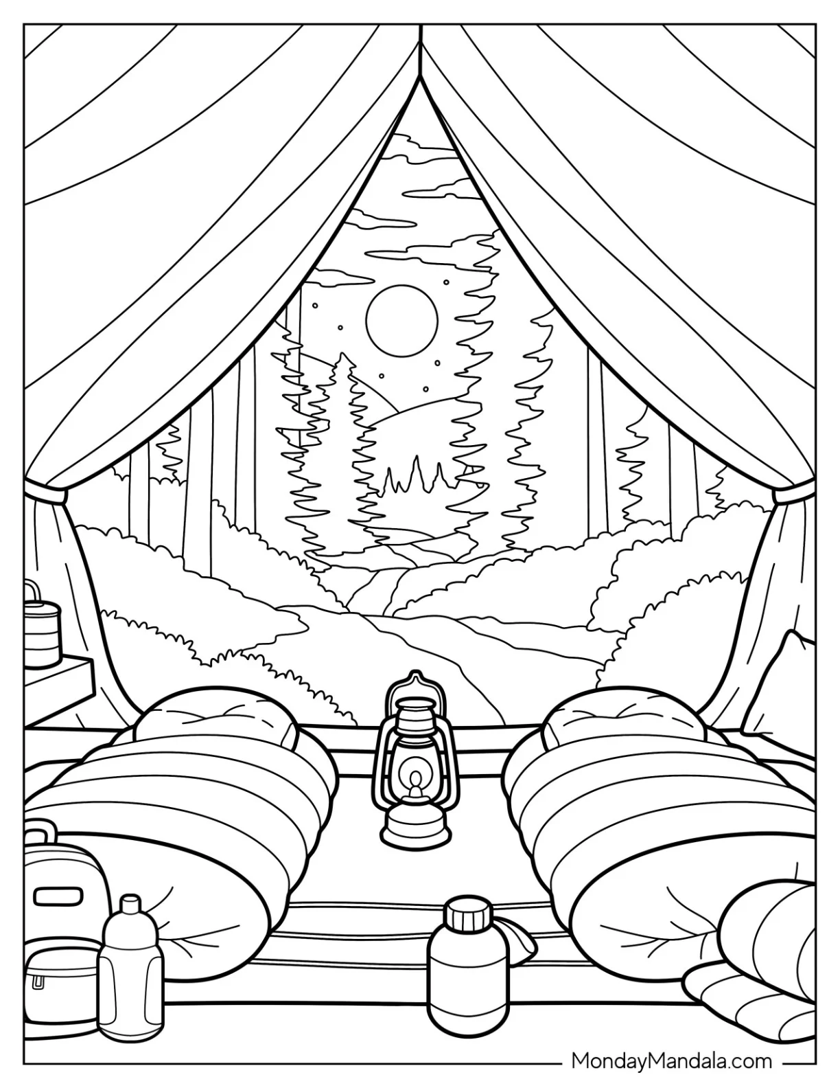 Camping & Hiking Coloring Page of Cozy Tent Interior Overlooking Mountain Path and Starry Sky coloring page