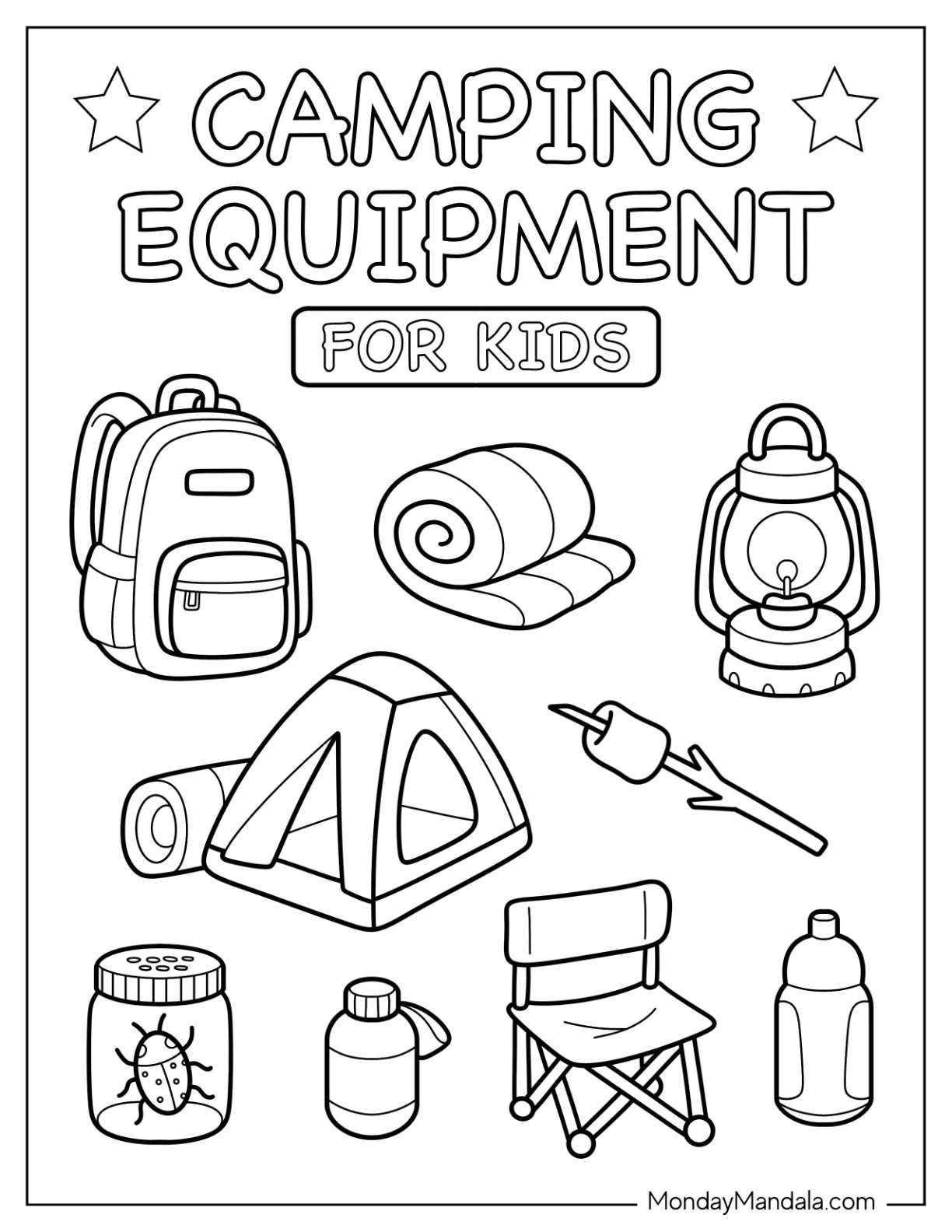 Camping & Hiking Coloring Page of Equipment for Kids with Tent, Backpack, and Lantern coloring page