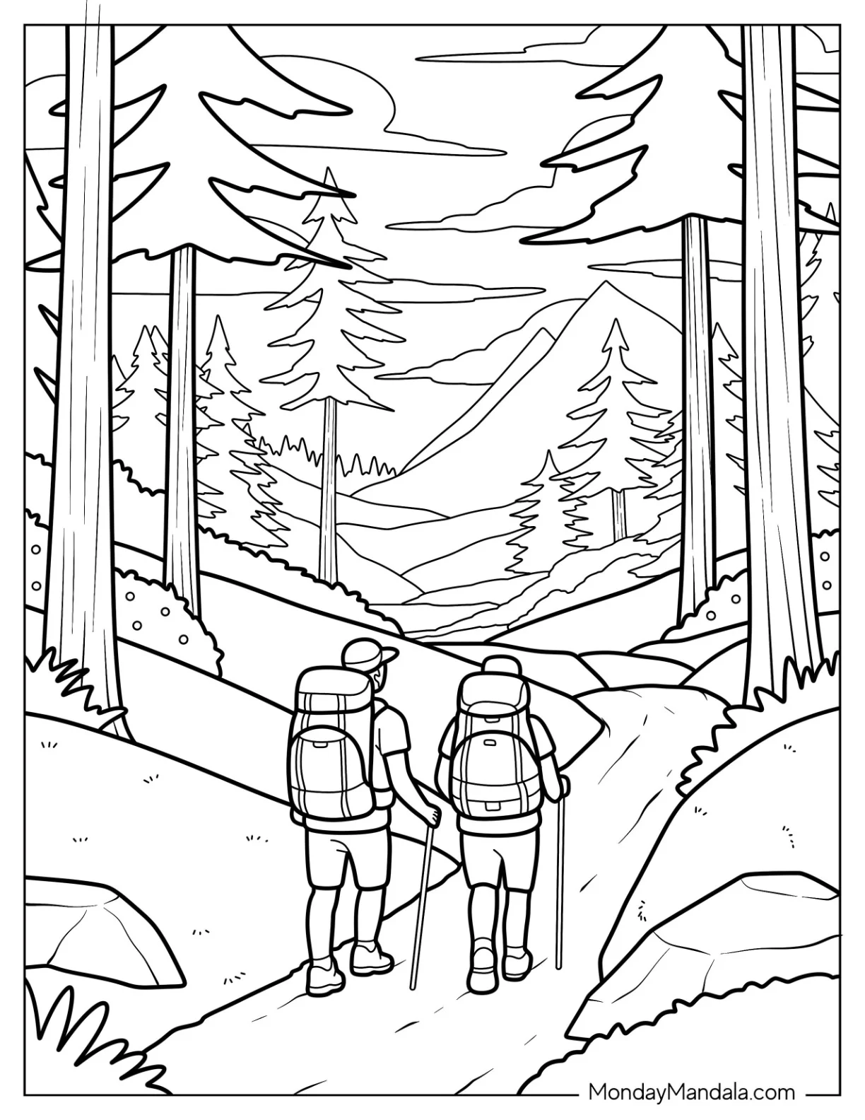 Camping & Hiking Coloring Page of Forest Hikers Trekking Toward Sunset Overlook coloring page