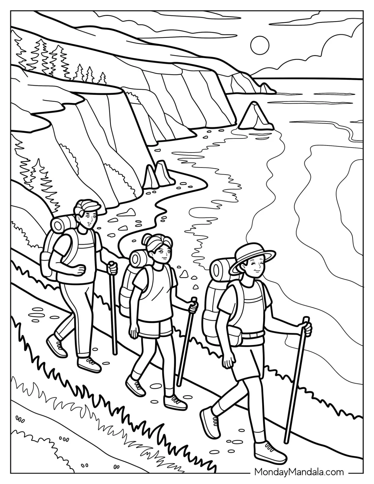 Camping & Hiking Coloring Page of Group of Hikers Exploring Coastal Trail at Sunset coloring page