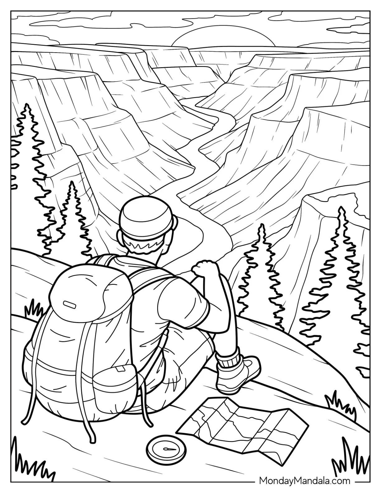 Camping & Hiking Coloring Page of Hiker Overlooking Canyon at Sunset with Backpack and Map coloring page