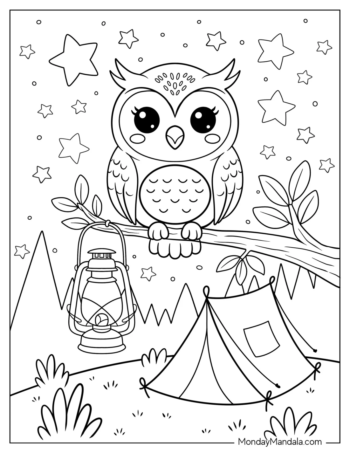 Camping & Hiking Coloring Page of Owl Watching Over Tent Under Starry Night Sky for Kids coloring page
