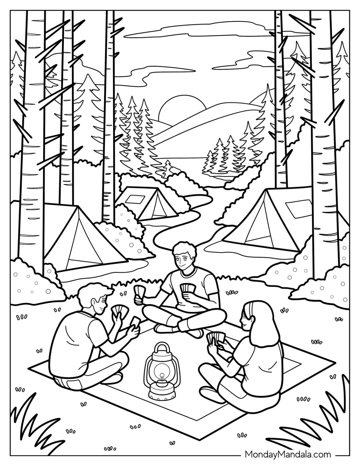 Camping & Hiking Coloring Page of Playing Cards in Forest Campground at Sunset coloring page