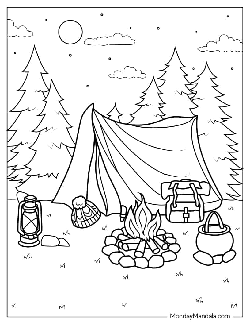 Camping Gear And Tent Around Bonfire coloring page