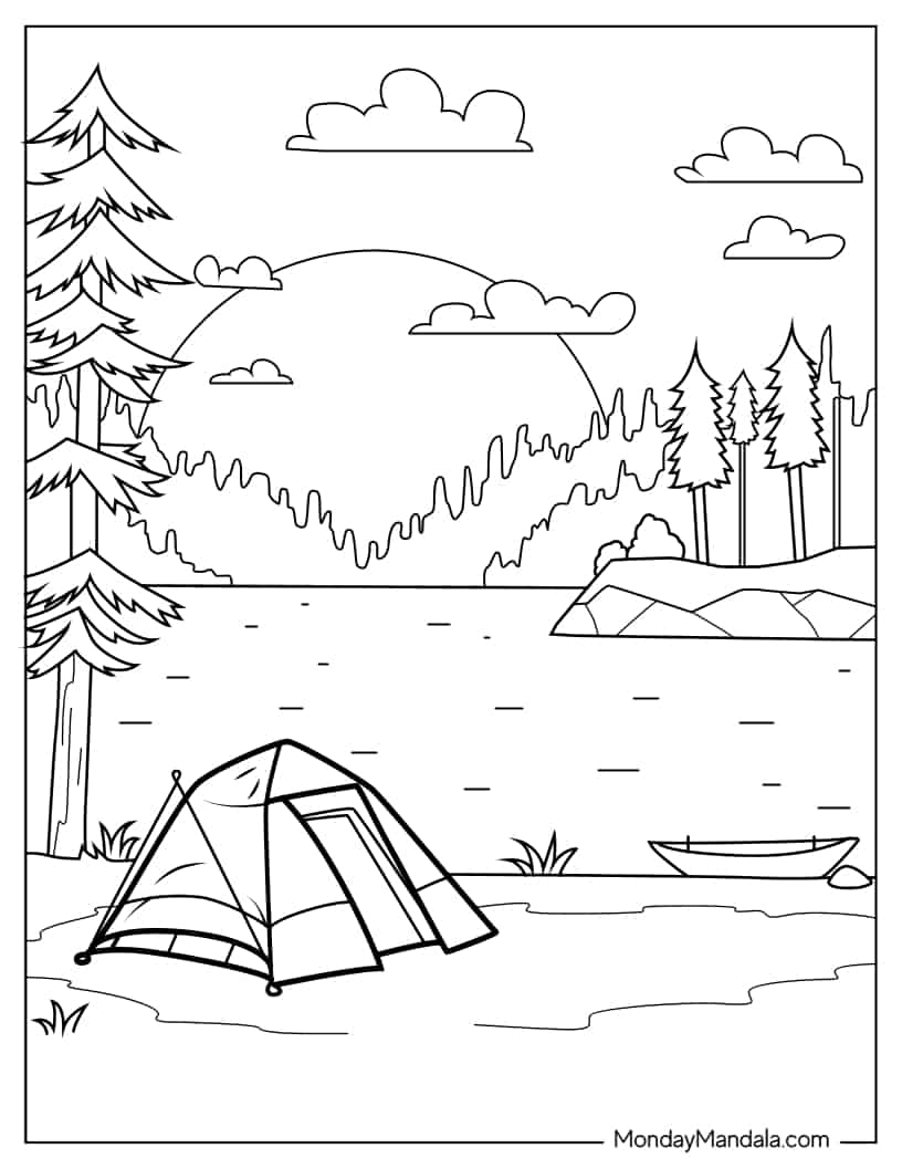 Camping Site With Tent Coloring In coloring page — printable line art