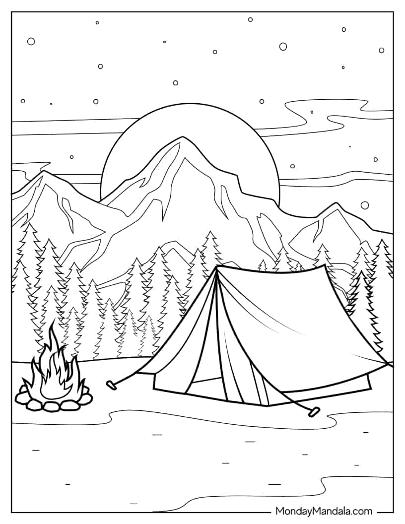 Camping Tent With Bonfire And Mountain View coloring page