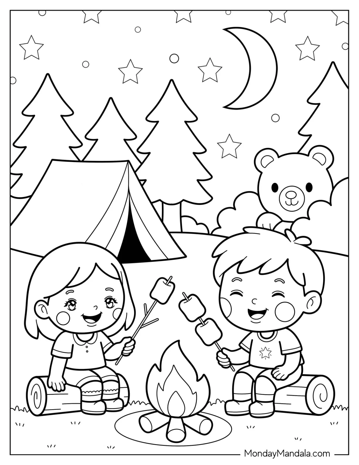 Children Camping & Hiking Coloring Page at Night with Tent, Trees, and Curious Bear for Kids coloring page
