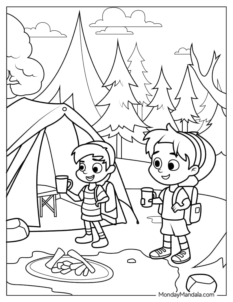 Children Holding Cups In Camping Site To Color coloring page