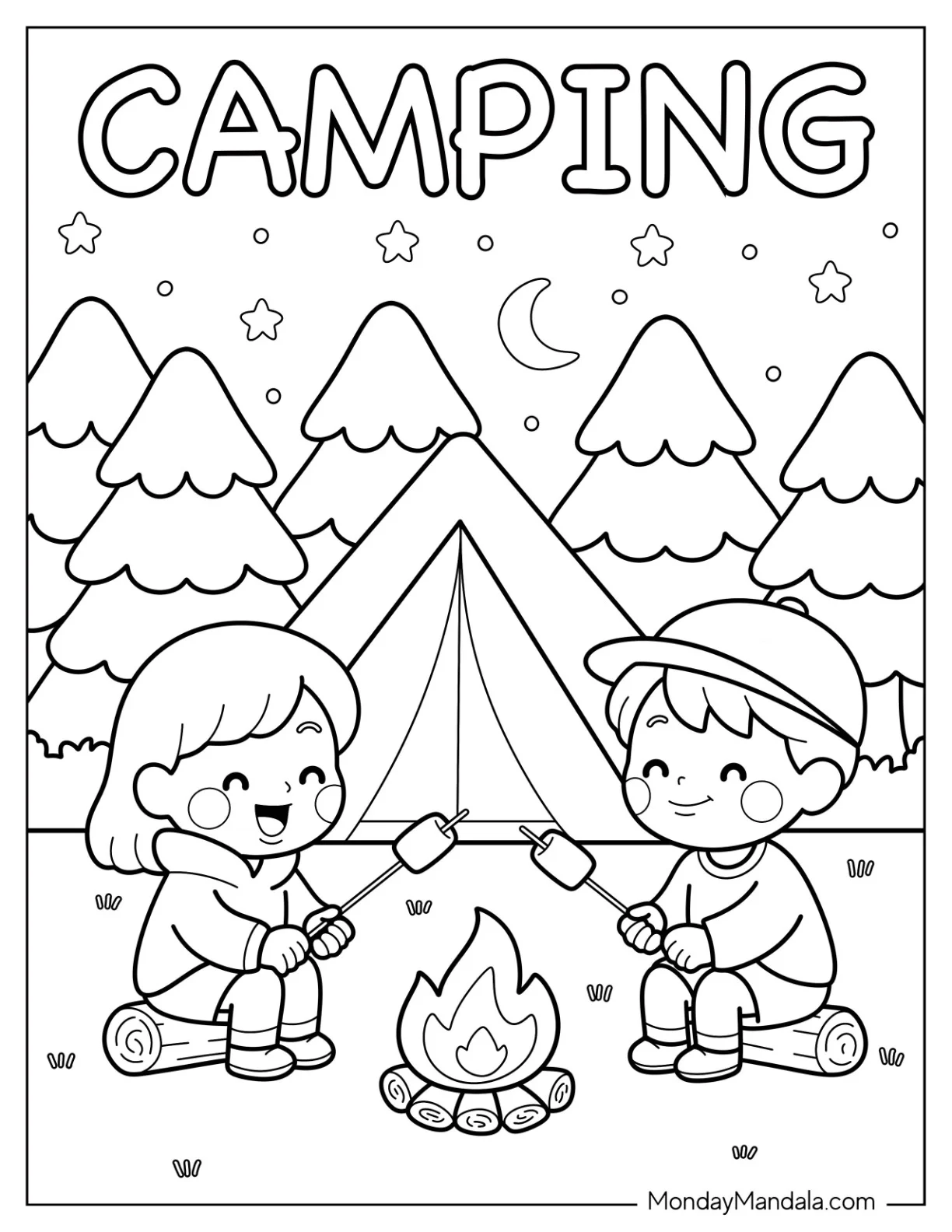 Children Roasting Marshmallows While Camping Coloring Sheet for Kids coloring page