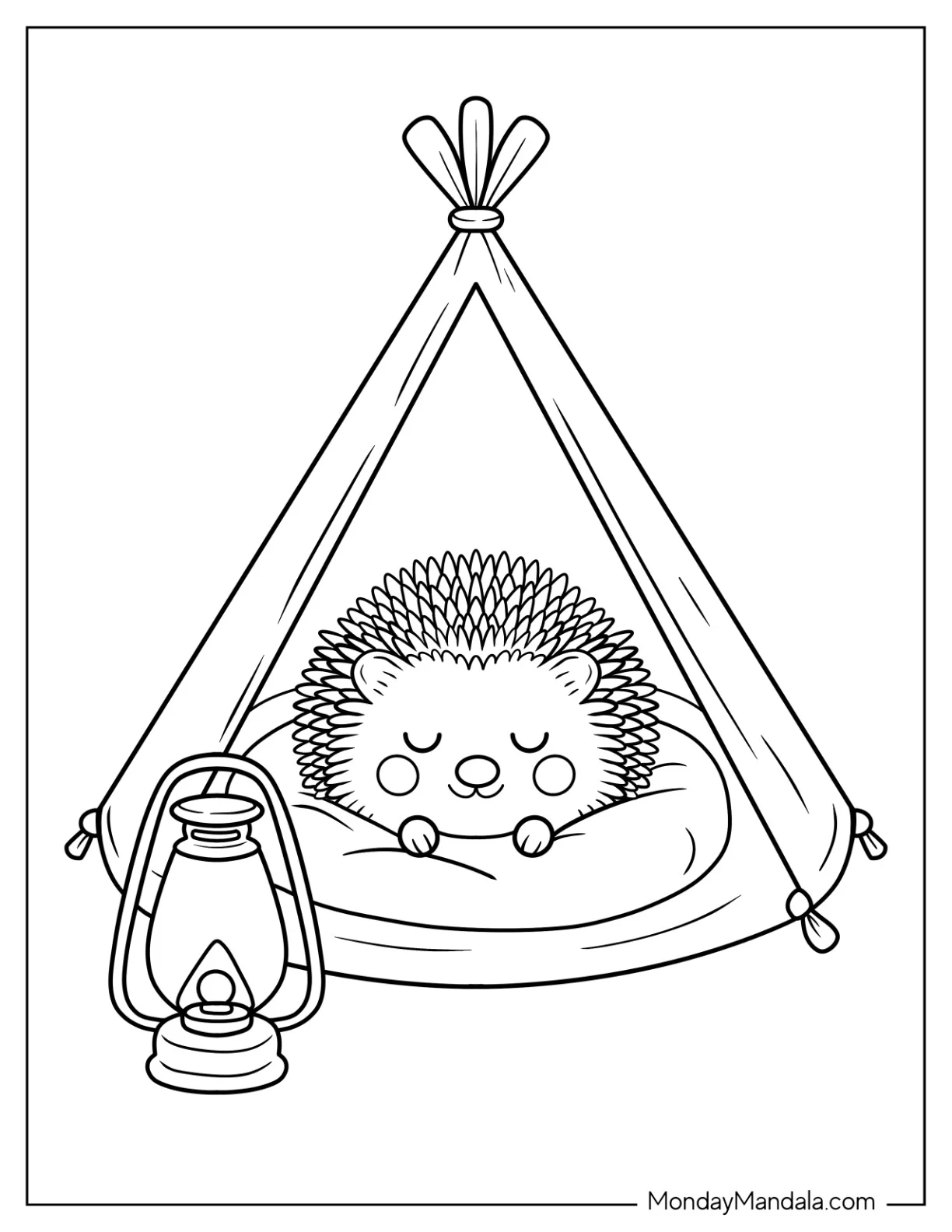 Cute Hedgehog Curled Up in Cozy Camping & Hiking Coloring Page Tent with Lantern Outside for Preschoolers coloring page — printable line art