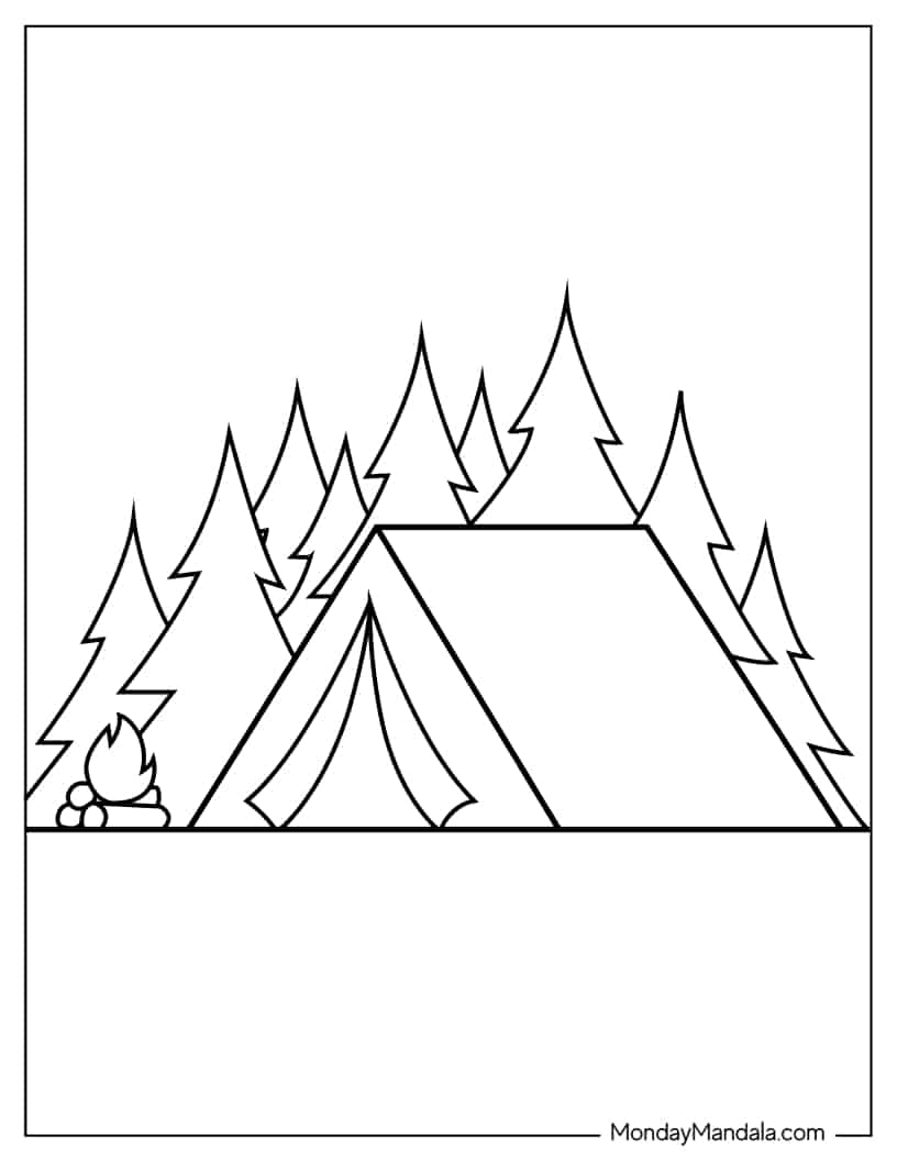 Easy Camping Tent And Trees For Preschoolers coloring page — printable line art