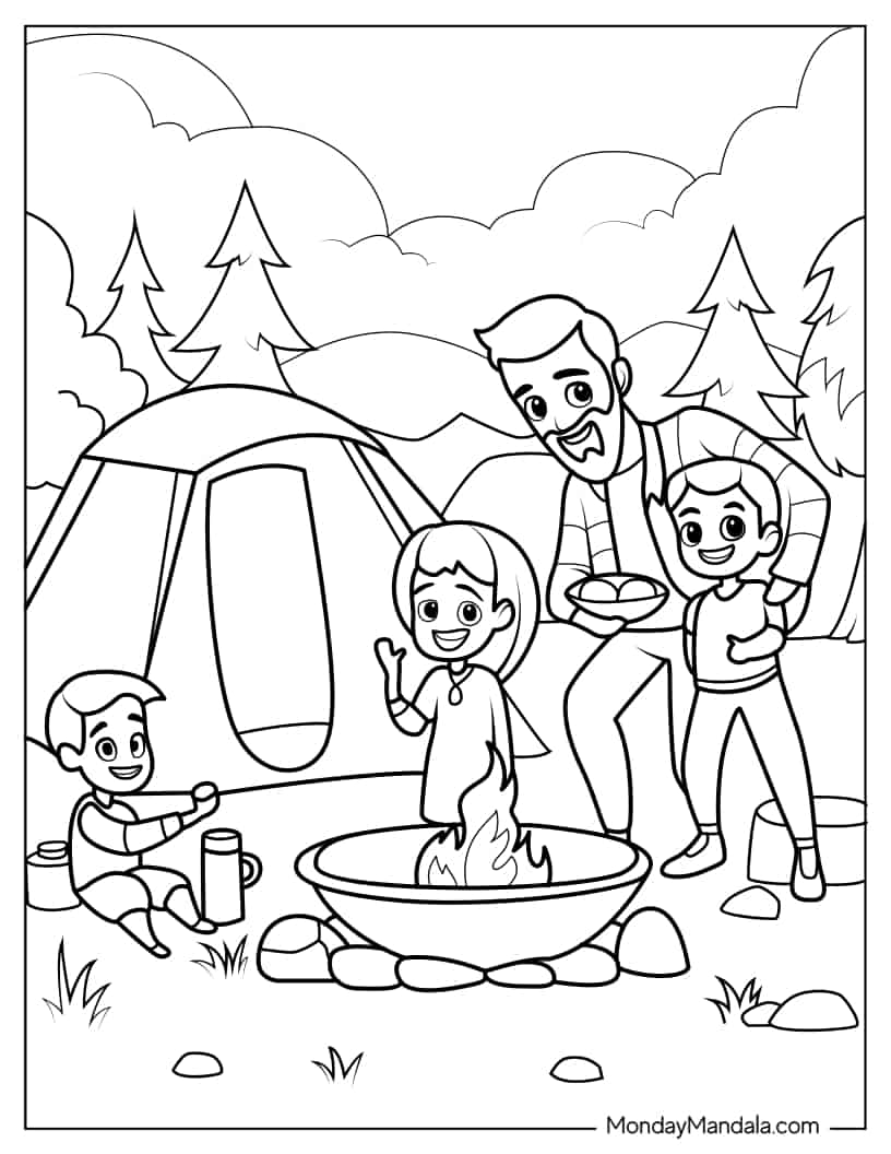 Easy Coloring Sheet Of Family Camping coloring page