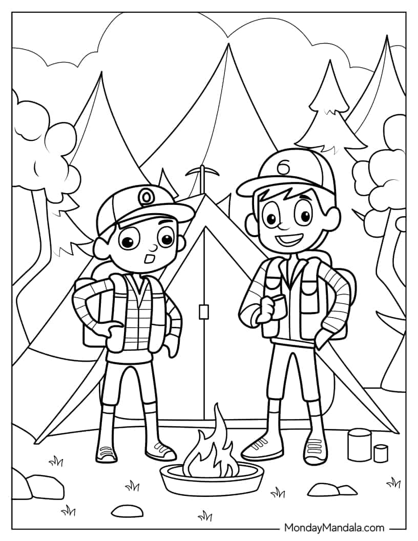 Kawaii Campers Standing In Front Of Bonfire coloring page