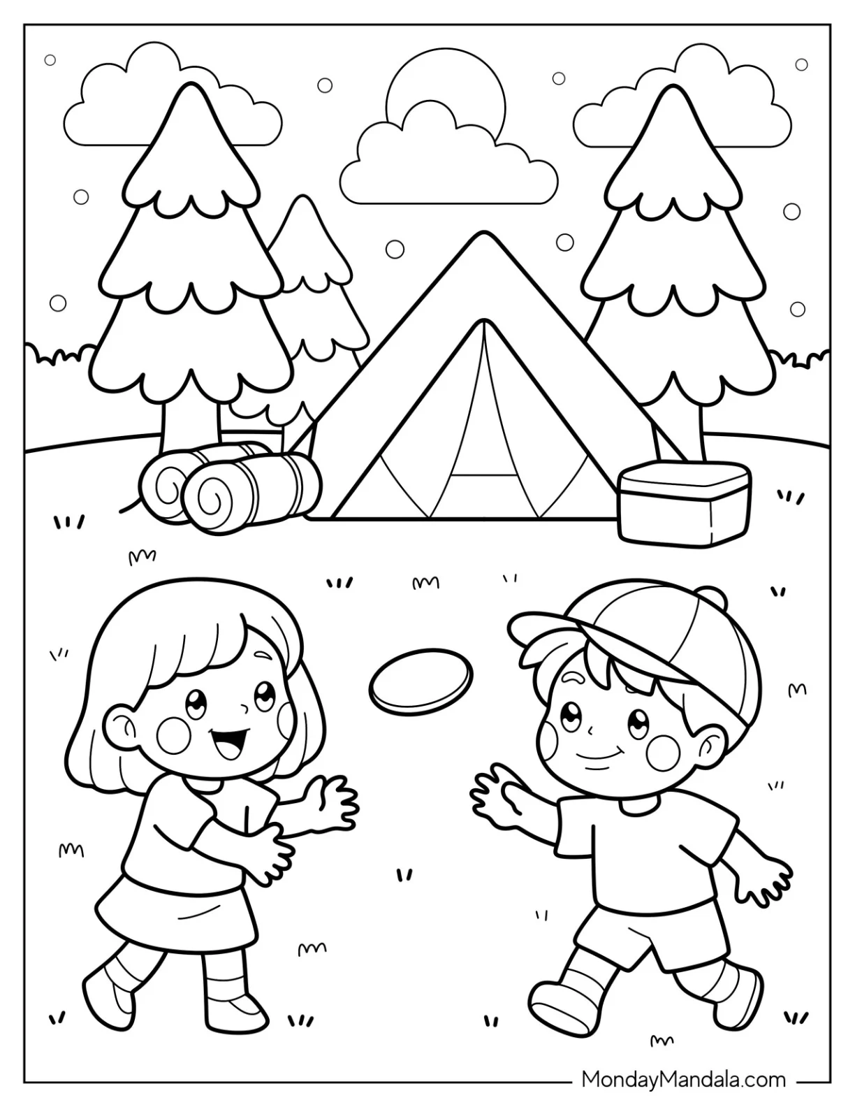 Kids Playing Frisbee at Camping & Hiking Coloring Page Site with Tent and Trees for Preschoolers coloring page — printable line art