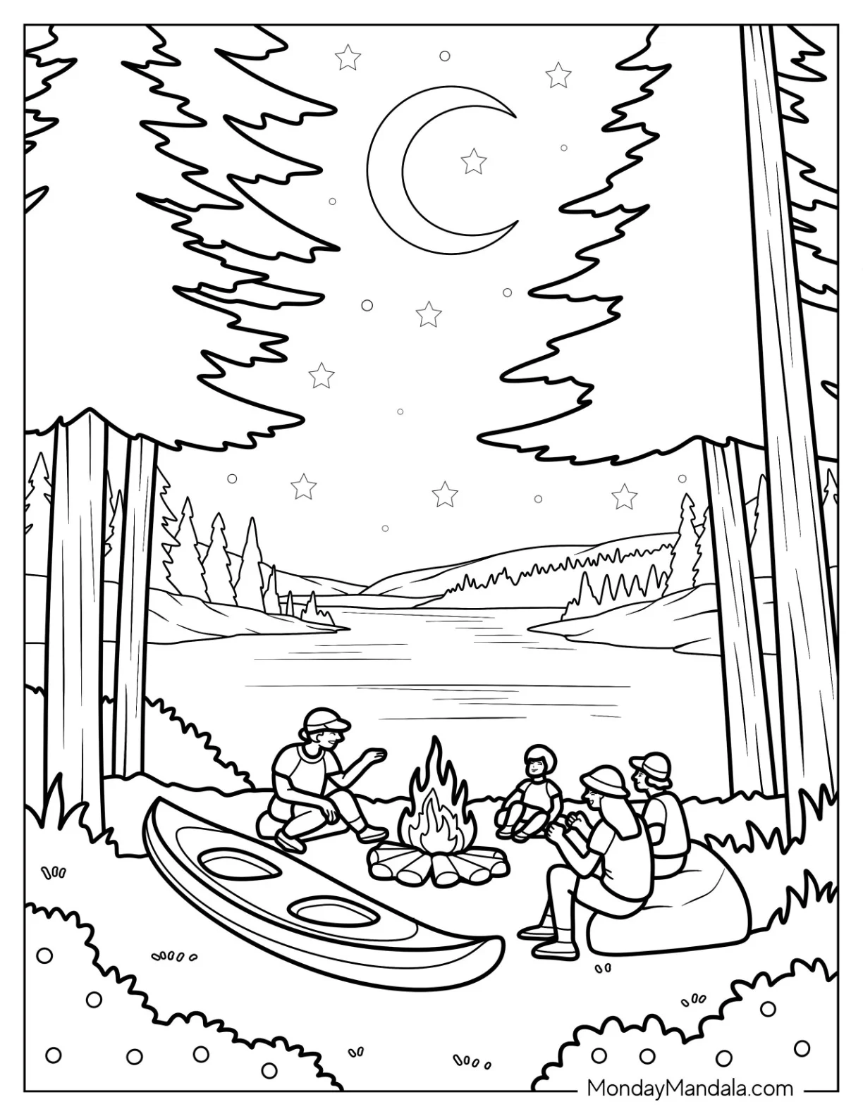 Lakefront Camping & Hiking Coloring Page at Night with Canoe and Cozy Firelight coloring page