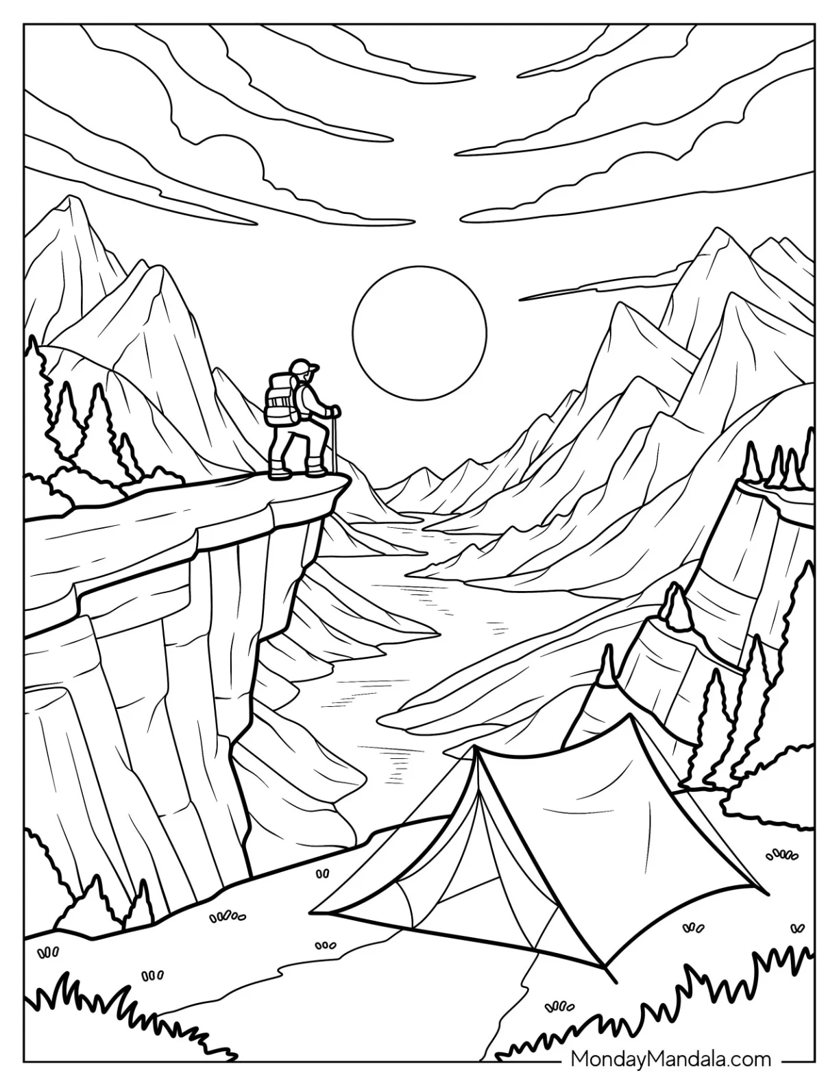 Mountain Camping & Hiking Coloring Page Overlooking River Valley coloring page