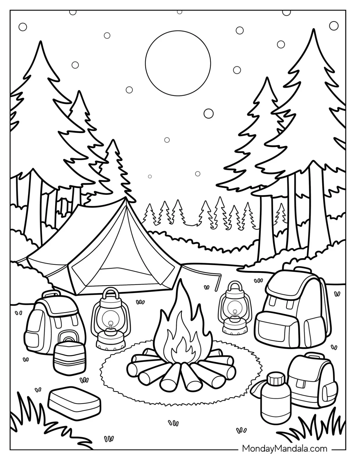 Peaceful Camping & Hiking Coloring Page Site with Bonfire, Bags, and Tents coloring page