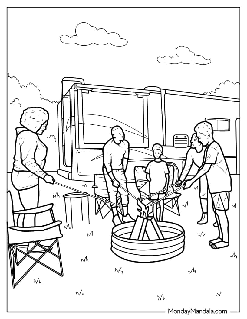 Realistic Coloring Page Of Campers Making S_mores coloring page