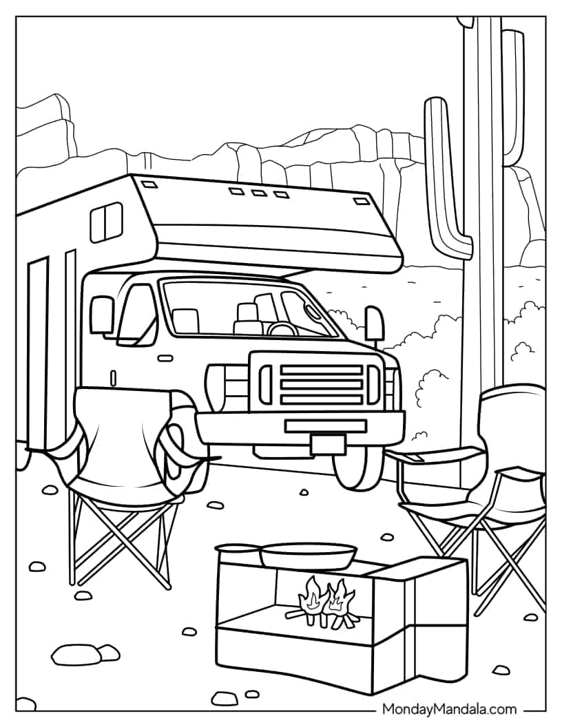 Realistic RV Campers In Desert coloring page — printable line art