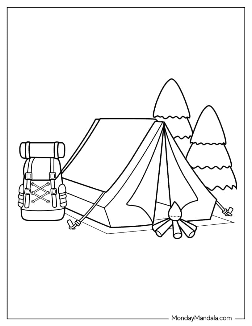 Simple Outline Of Tent, Bonfire, And Rucksack coloring page — printable line art