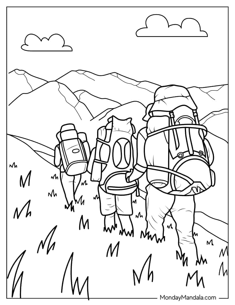 Three Campers With Rucksacks Hiking To Camp Site coloring page