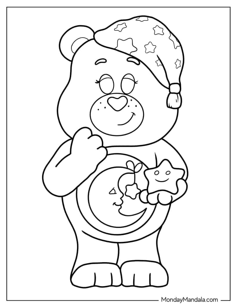 Bedtime Bear Wearing Starry Nightcap coloring page