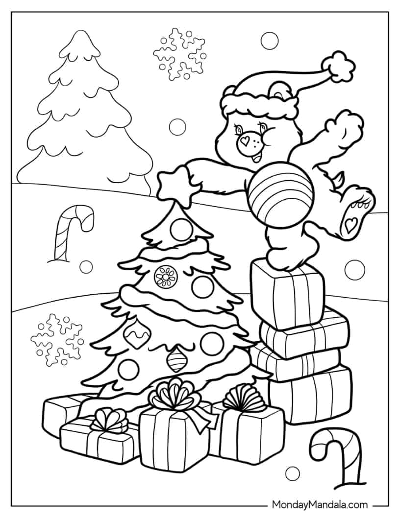 Coloring Page Of Cheer Bear Putting Star On Christmas Tree coloring page