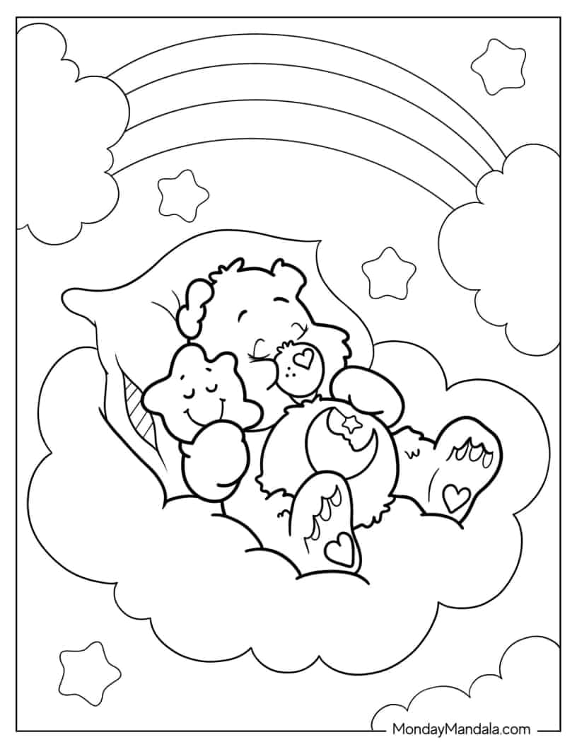 Cute Bedtime Bear Sleeping On A Cloud Coloring Sheet coloring page