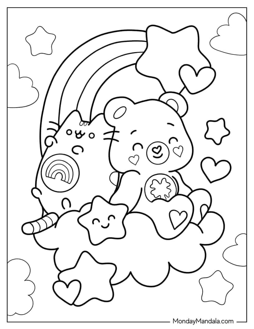 Good Luck Bear And Pusheen Sitting On Cloud With Rainbow coloring page