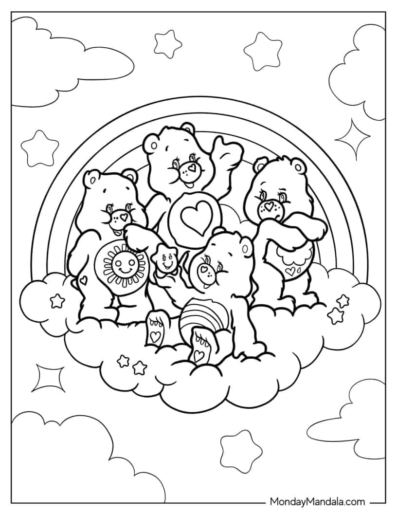 Tenderheart, Grumpy, Cheer, And Funshine Care Bears On Cloud coloring page