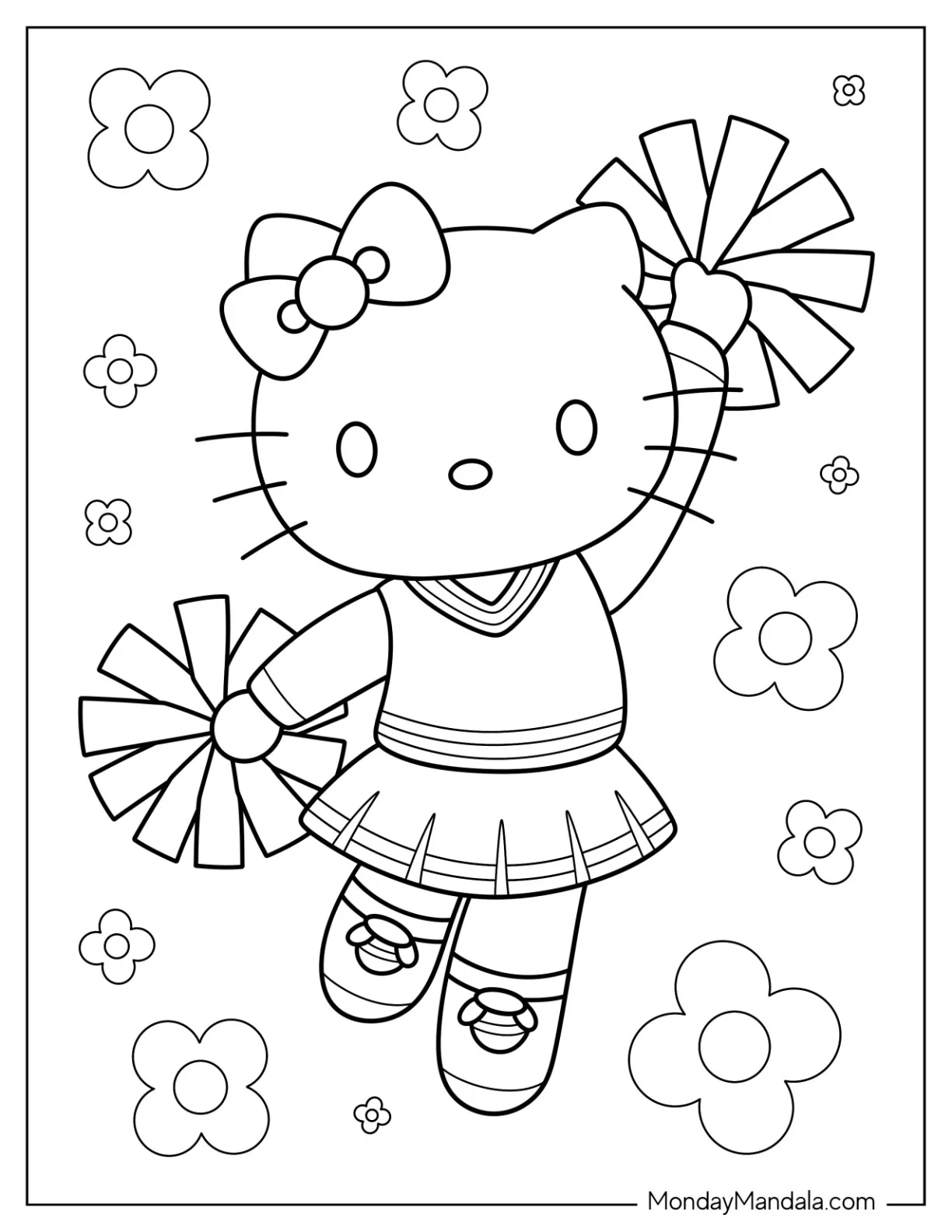 Cheerleading Coloring Page Of Adorable Hello Kitty Cheerleader With Flowers For Kids coloring page