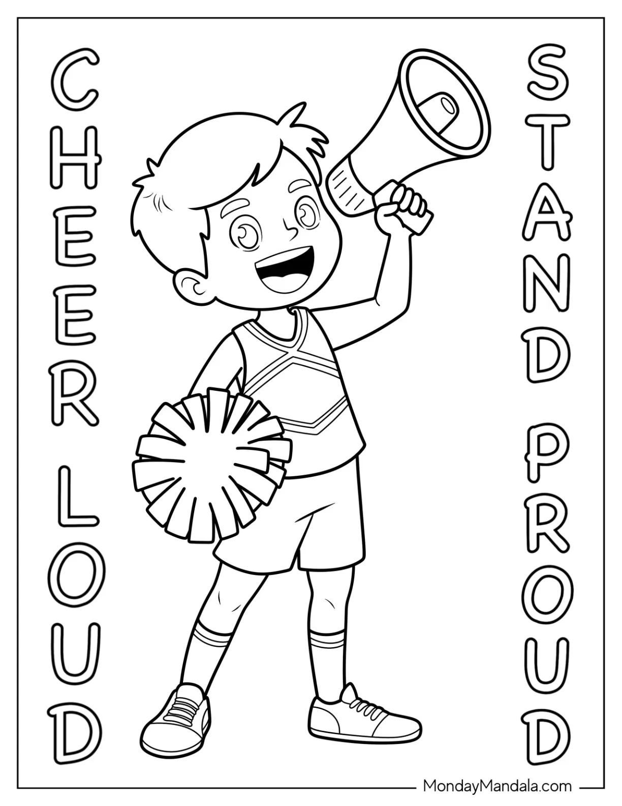 Cheerleading Coloring Page Of Boy Cheerleader with Megaphone For Kids coloring page — printable line art