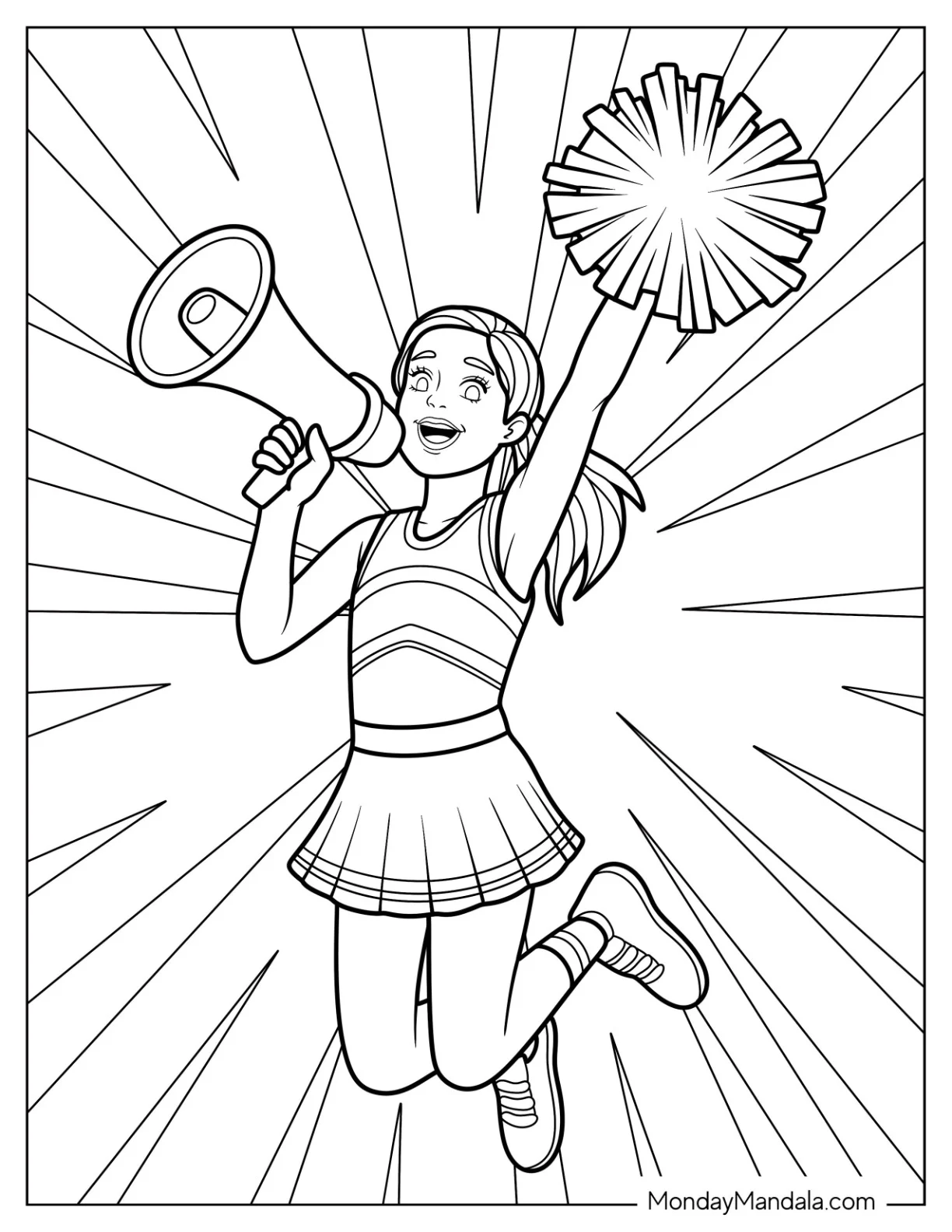 Cheerleading Coloring Page Of Cheer Captain’s Victory Leap with Megaphone coloring page — printable line art